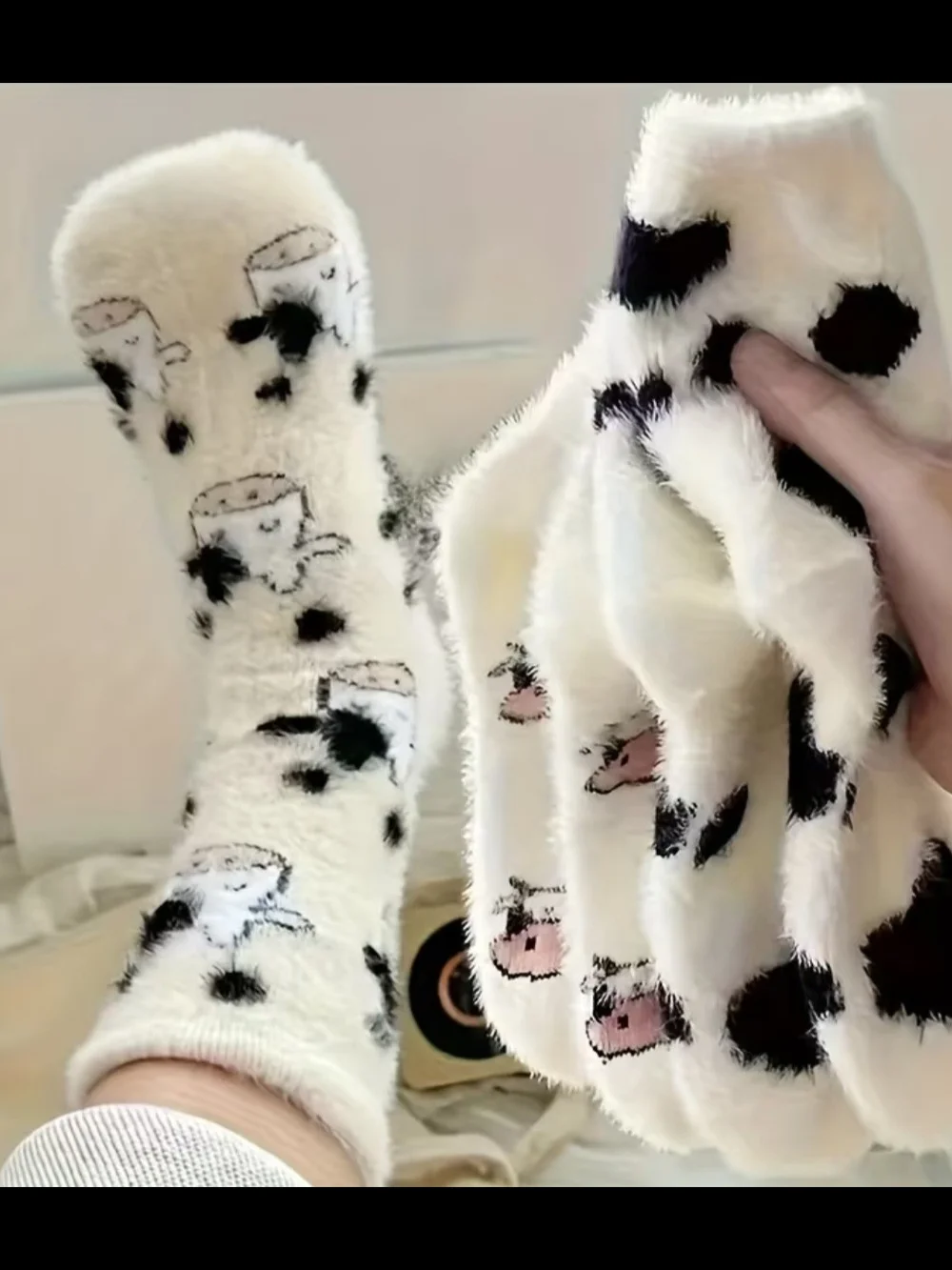 Cozy Cow Print Fuzzy Socks - White and Black Plush Crew (Set Of 3)
